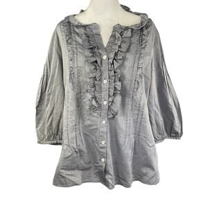 Talbots Woman Petites 14 WP Ruffle Front Blouse with Pleats Gray Button Up 3/4 S